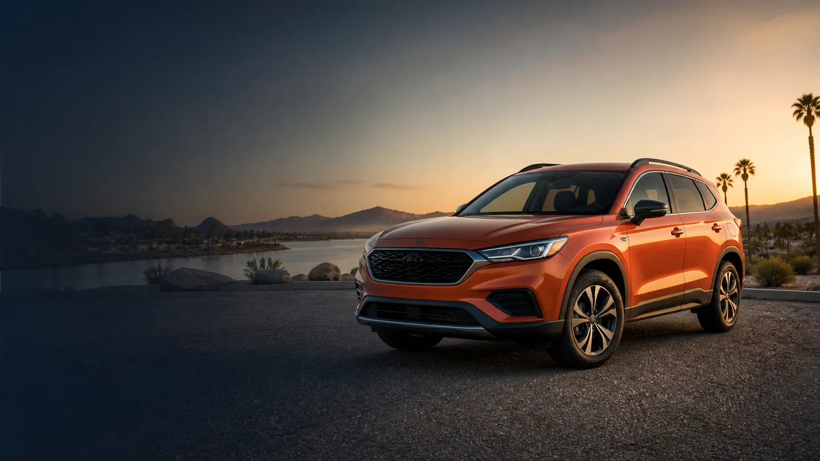 Orange midsize SUV overlooking Lake Havasu at sunset